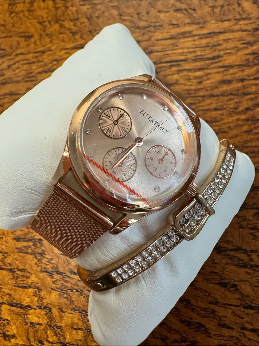 Ellen Tracy Rose Gold Watch with Crystal Accent Bracelet Set